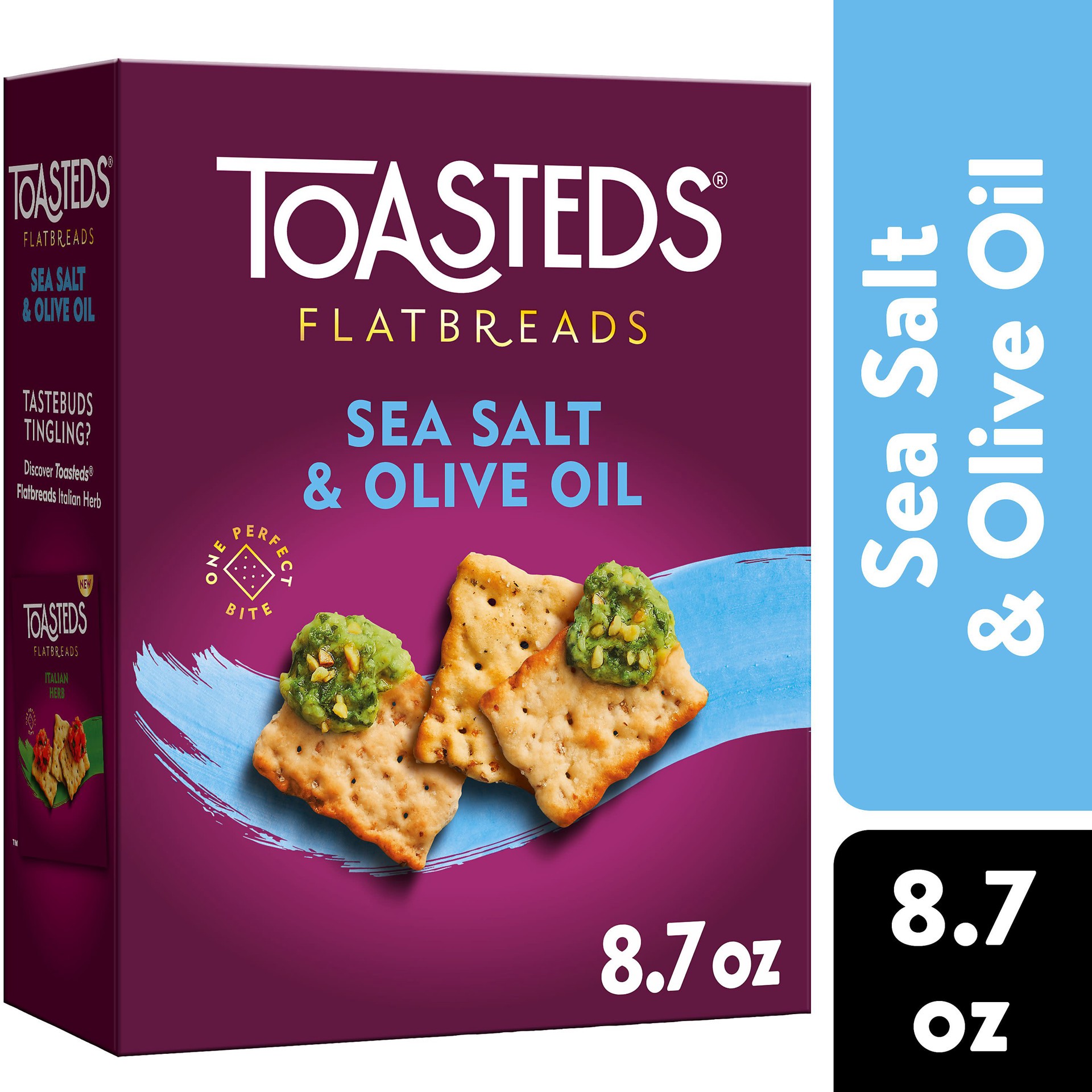 slide 1 of 5, Toasteds Flatbreads Crackers, Party Snacks, Lunch Snacks, Sea Salt and Olive Oil, 8.7oz Box, 1 Box, 8.7 oz