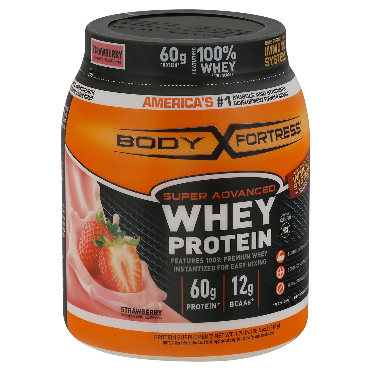 slide 6 of 9, Body Fortress Super Advanced 100% Premium Whey Protein Powder, Strawberry, 60g Protein & 12g BCAAs Per 2 Scoops, Muscle Gain & Recovery, Immune Support with Vitamins C & D, 1.78lbs (Packaging May Vary), 28.4 oz