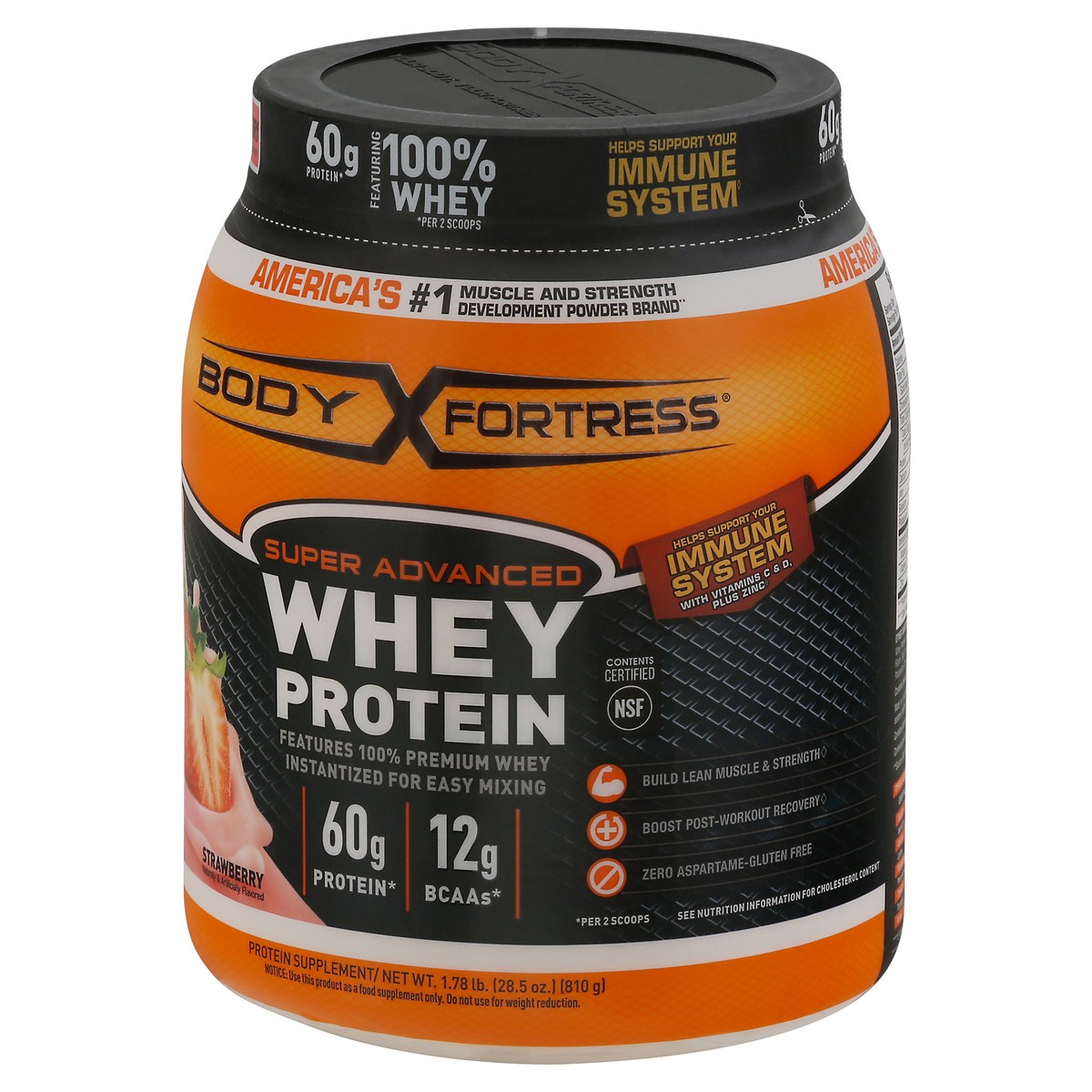 slide 8 of 9, Body Fortress Super Advanced 100% Premium Whey Protein Powder, Strawberry, 60g Protein & 12g BCAAs Per 2 Scoops, Muscle Gain & Recovery, Immune Support with Vitamins C & D, 1.78lbs (Packaging May Vary), 28.4 oz