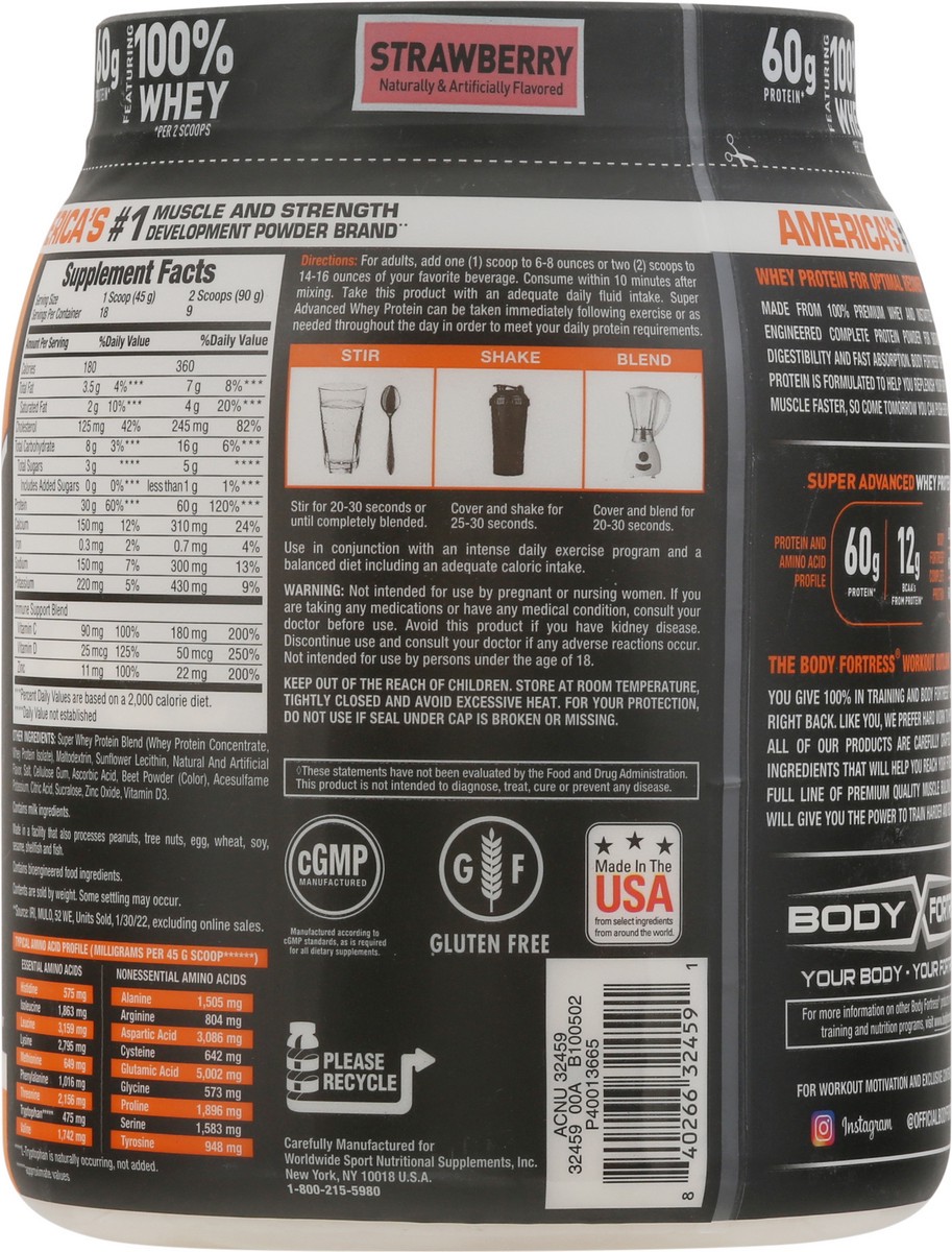 slide 4 of 9, Body Fortress Super Advanced 100% Premium Whey Protein Powder, Strawberry, 60g Protein & 12g BCAAs Per 2 Scoops, Muscle Gain & Recovery, Immune Support with Vitamins C & D, 1.78lbs (Packaging May Vary), 28.4 oz