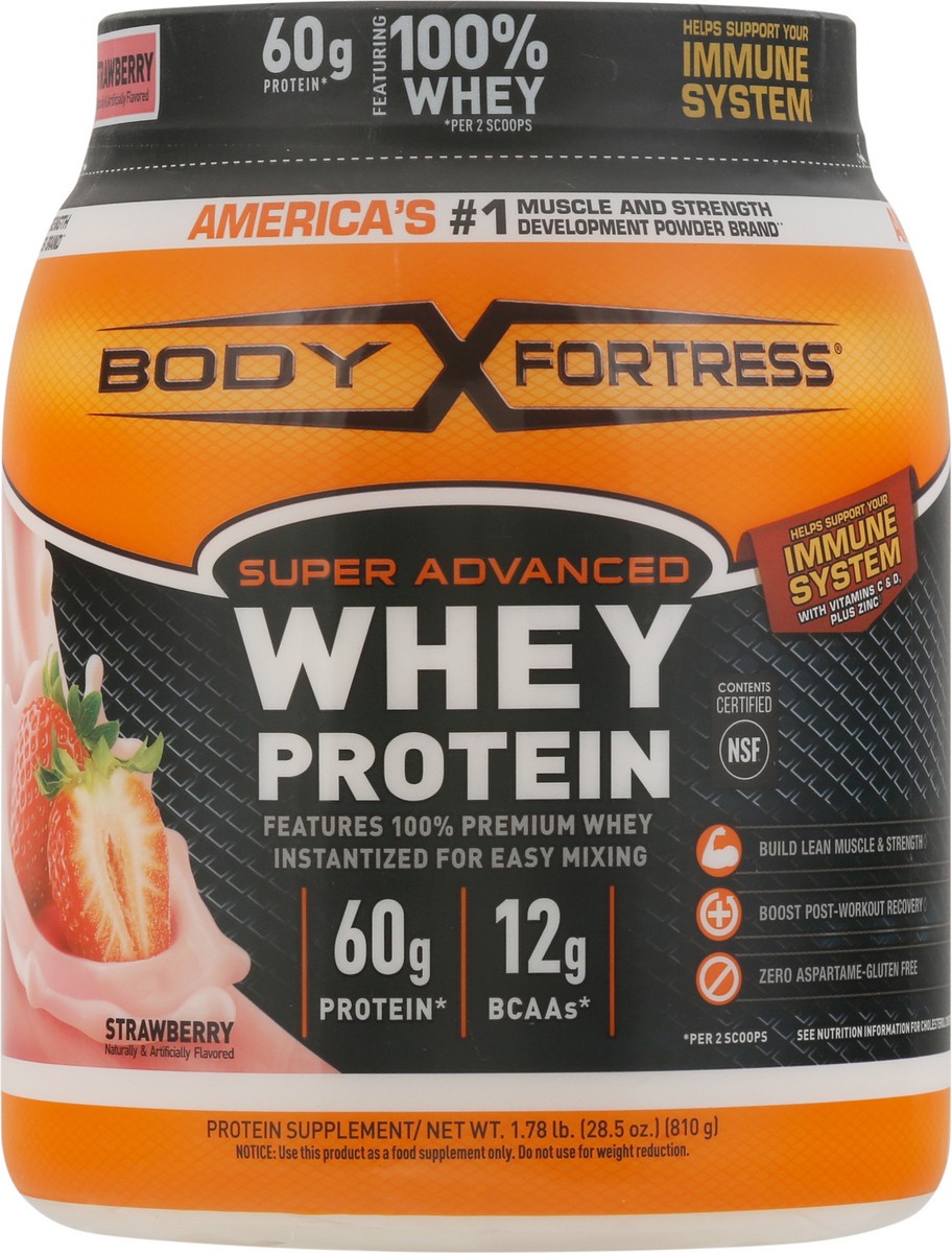 slide 9 of 9, Body Fortress Super Advanced 100% Premium Whey Protein Powder, Strawberry, 60g Protein & 12g BCAAs Per 2 Scoops, Muscle Gain & Recovery, Immune Support with Vitamins C & D, 1.78lbs (Packaging May Vary), 28.4 oz