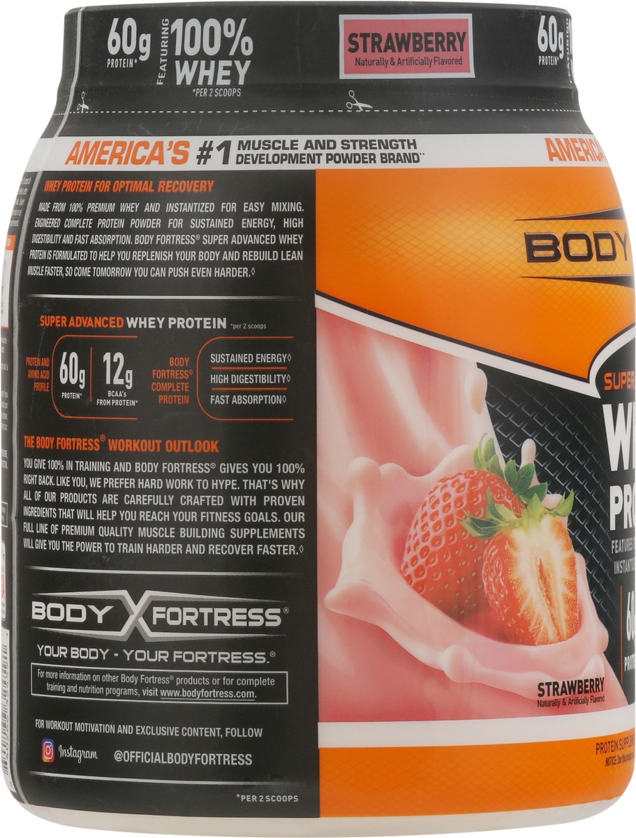 slide 5 of 9, Body Fortress Super Advanced 100% Premium Whey Protein Powder, Strawberry, 60g Protein & 12g BCAAs Per 2 Scoops, Muscle Gain & Recovery, Immune Support with Vitamins C & D, 1.78lbs (Packaging May Vary), 28.4 oz