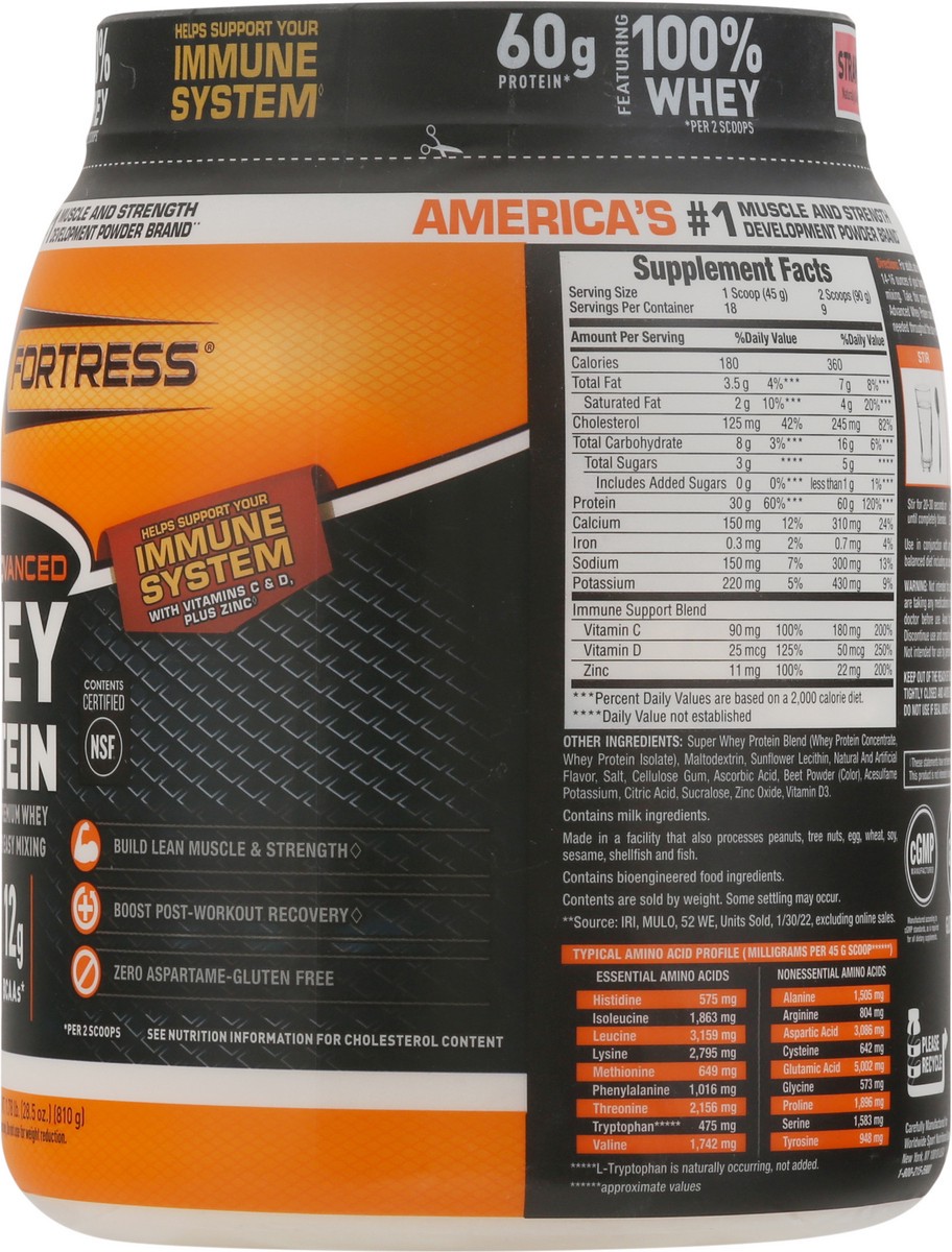 slide 3 of 9, Body Fortress Super Advanced 100% Premium Whey Protein Powder, Strawberry, 60g Protein & 12g BCAAs Per 2 Scoops, Muscle Gain & Recovery, Immune Support with Vitamins C & D, 1.78lbs (Packaging May Vary), 28.4 oz
