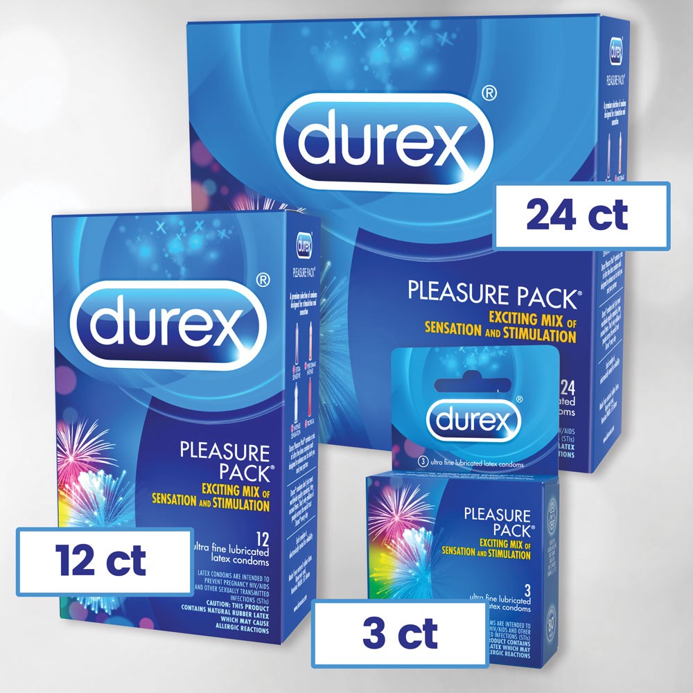 slide 3 of 5, Durex Pleasure Pack, Assorted Lubricated Premium Condoms, 24 Count, 24 ct