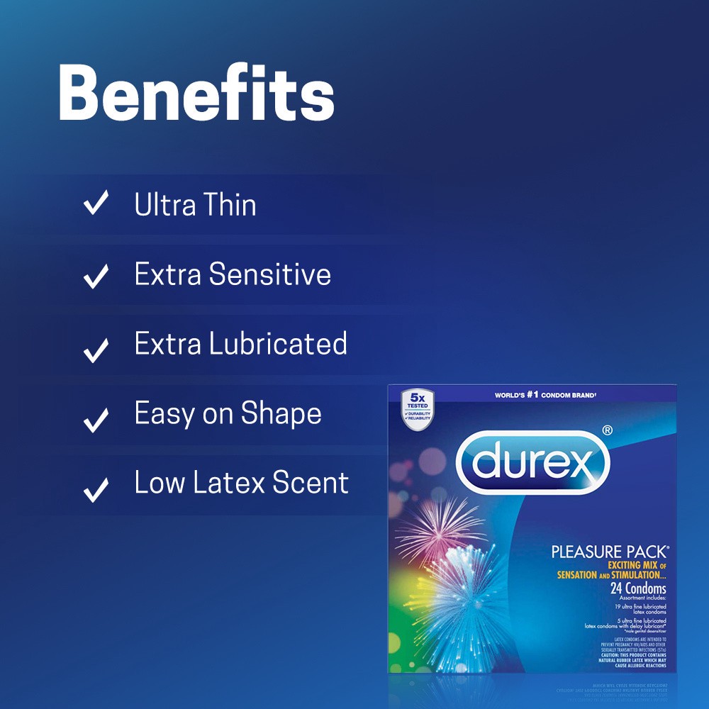 slide 5 of 5, Durex Pleasure Pack, Assorted Lubricated Premium Condoms, 24 Count, 24 ct