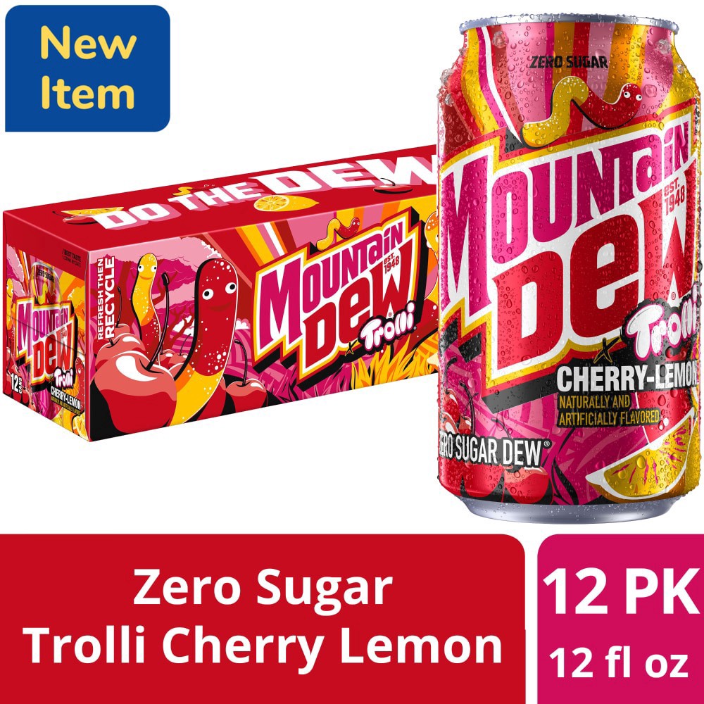 slide 1 of 3, Mountain Dew Zero Sugar Soda Trolli Cherry Lemon, 12 Fl Oz x 12, 12 ct