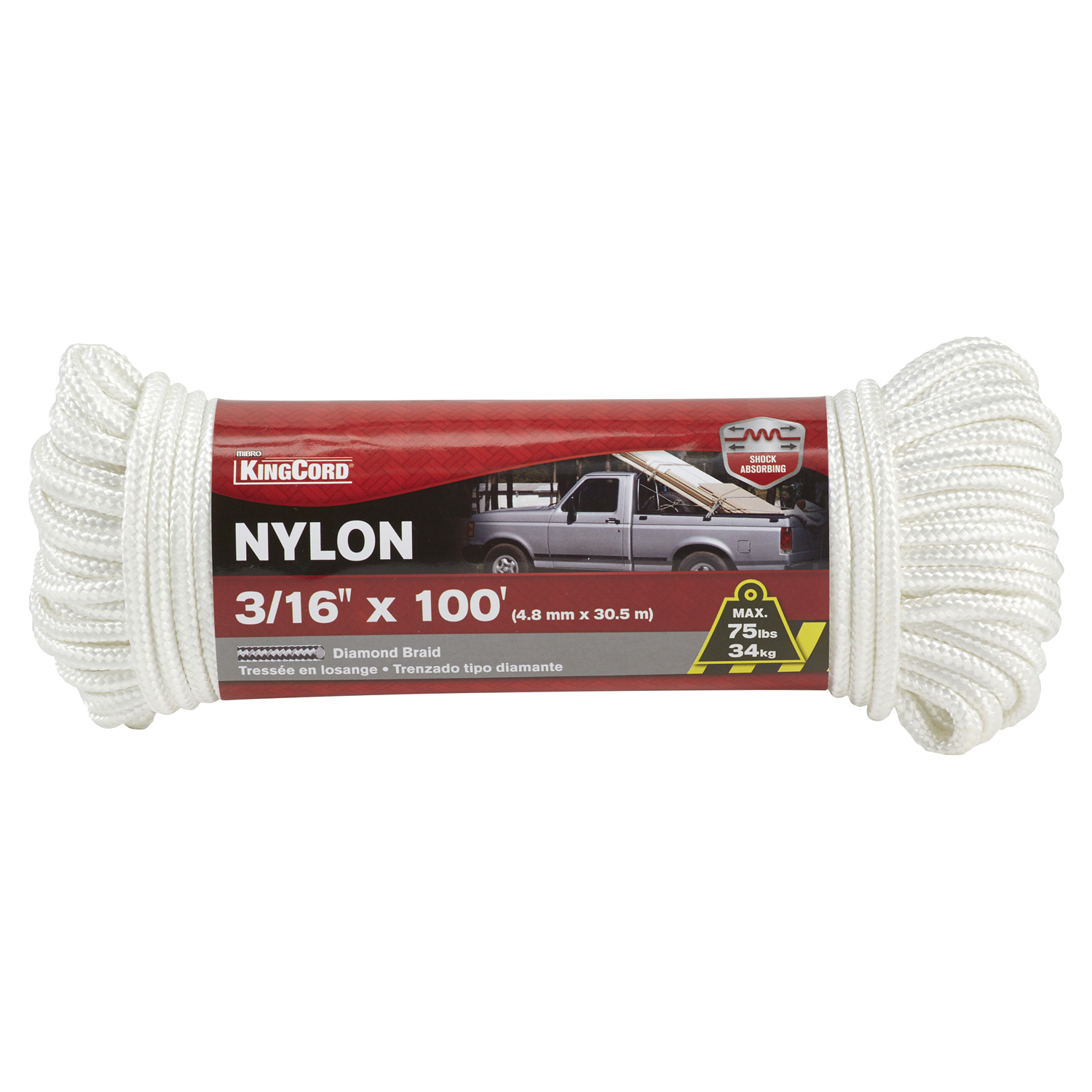 slide 1 of 2, KingCord 3/16 x 100' Diamond Braid Nylon Rope-White, 100 ft