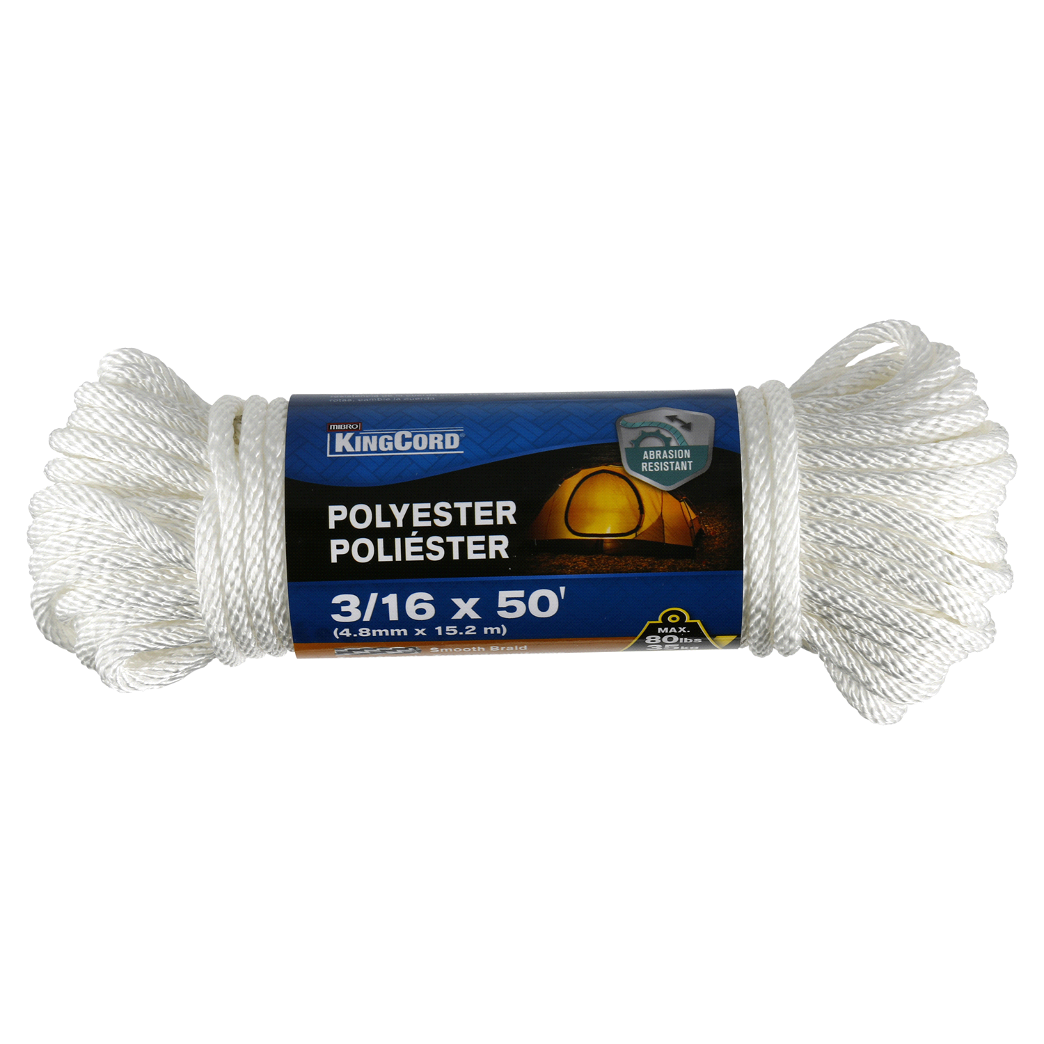 slide 1 of 2, KingCord 3/16 x 50' Smooth Braid Polyester Rope, White, 50 ft