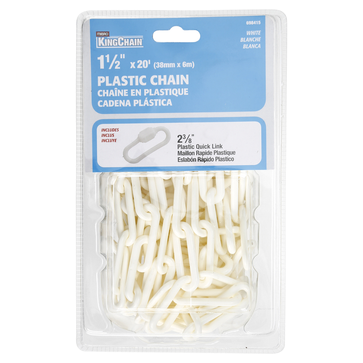 slide 1 of 2, KingChain 1-1/2 x 20' White Plastic Chain - Grab 'N Go Pack, 1 ct