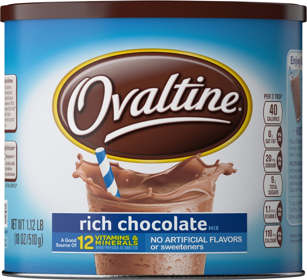 slide 5 of 8, Ovaltine Rich Chocolate Drink Mix, Powdered Drink Mix for Hot and Cold Milk Canister, 18 oz