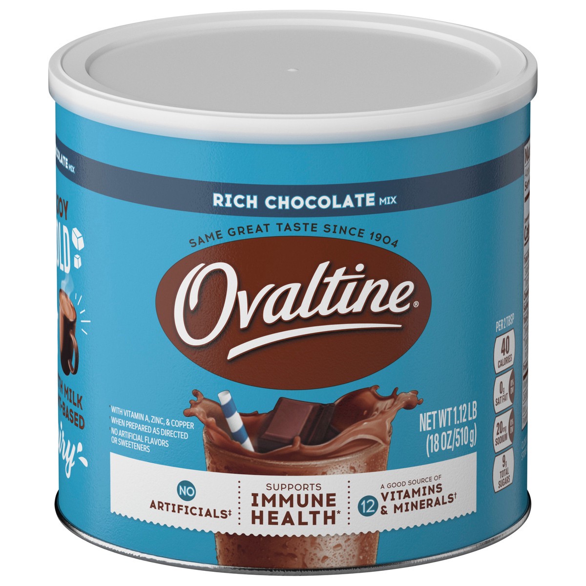 slide 1 of 8, OVALTINE Rich Chocolate Drink Mix, Powdered Drink Mix for Hot and Cold Milk, 18 OZ Canister 18 oz., 18 oz