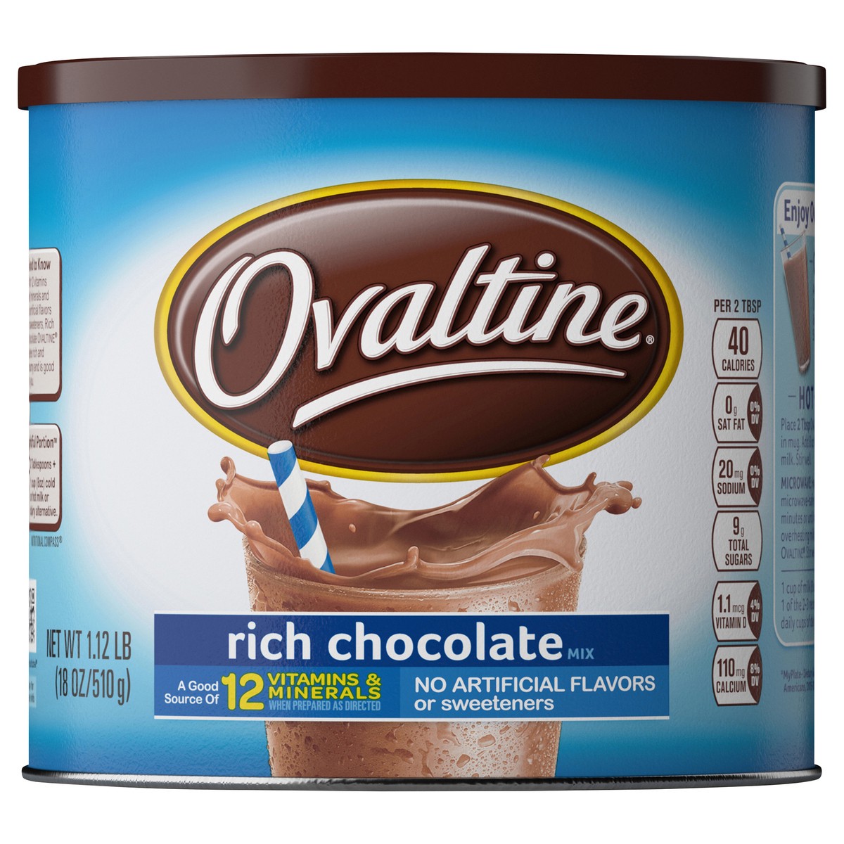 slide 1 of 8, Ovaltine Rich Chocolate Drink Mix, Powdered Drink Mix for Hot and Cold Milk Canister, 18 oz