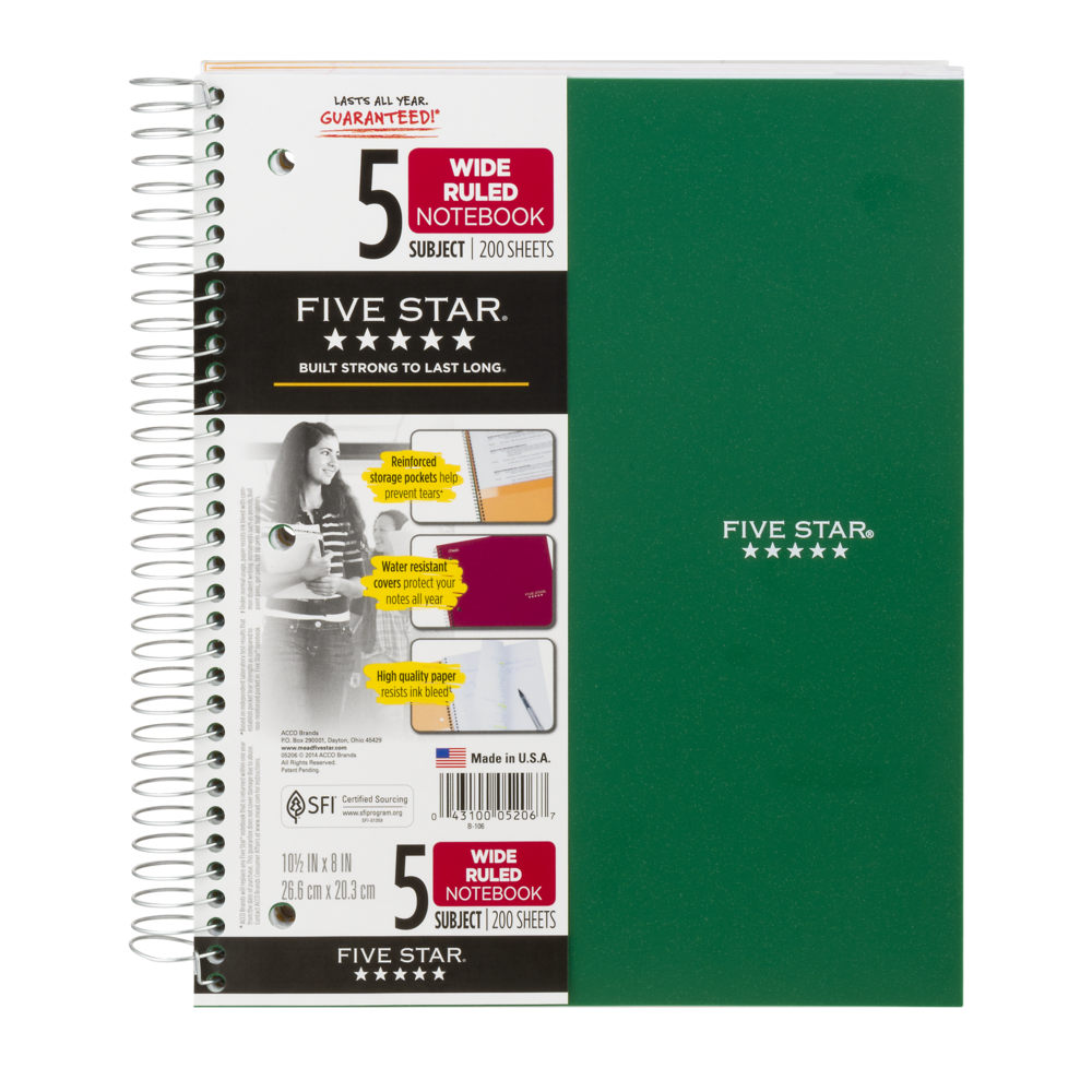 slide 1 of 1, Mead Five Star 5-Subject Wide Ruled Spiral Notebook, 1 ct