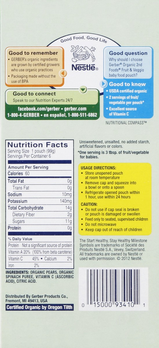 slide 5 of 5, Gerber Baby Food, Organic, Pear Spinach, Sitter, 1 ct