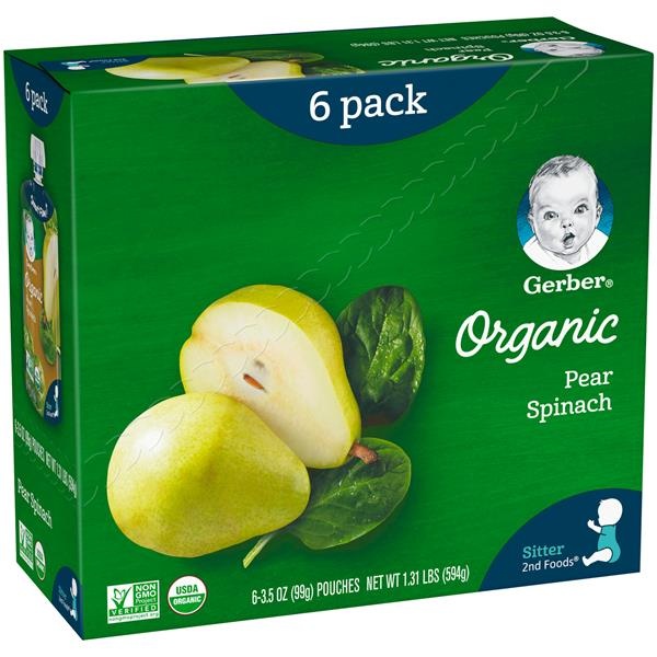 slide 1 of 5, Gerber Baby Food, Organic, Pear Spinach, Sitter, 1 ct