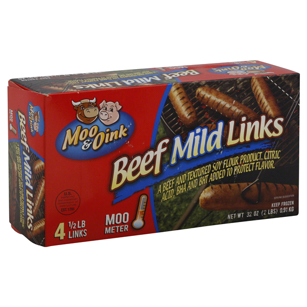 slide 1 of 1, Moo & Oink Beef Mild Links, 32 oz