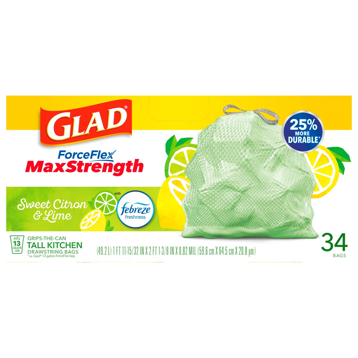 slide 1 of 8, Glad ForceFlexPlus Tall Kitchen Febreze Sweet Citron and Lime Trash Bags, 34 ct; 13 gal