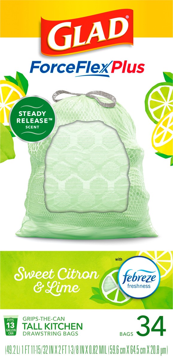 slide 2 of 8, Glad ForceFlexPlus Tall Kitchen Febreze Sweet Citron and Lime Trash Bags, 34 ct; 13 gal