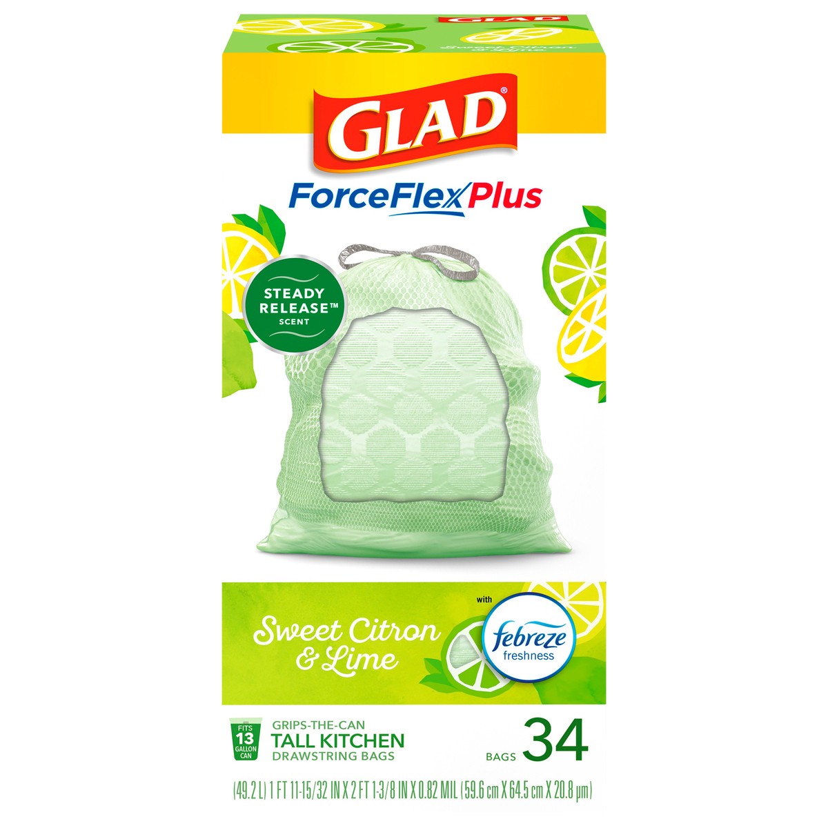 slide 3 of 8, Glad ForceFlexPlus Tall Kitchen Febreze Sweet Citron and Lime Trash Bags, 34 ct; 13 gal