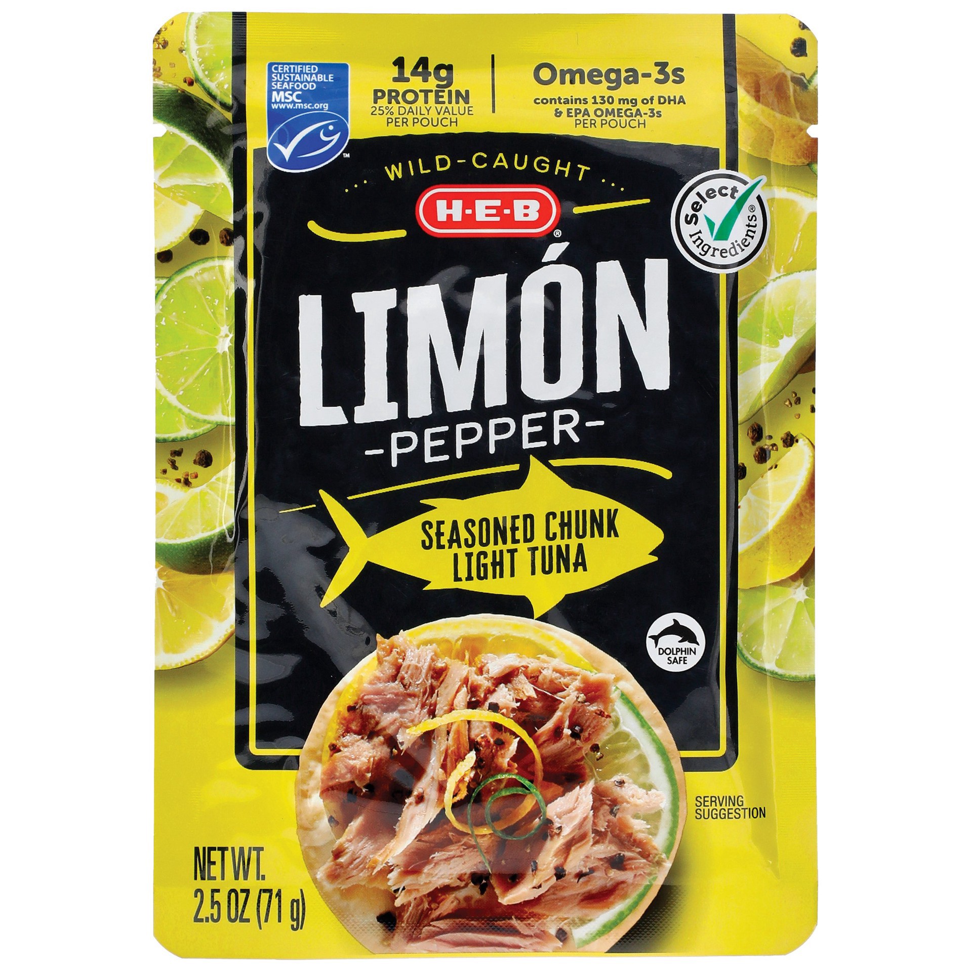 slide 1 of 1, H-E-B Select IngredientsLimon Pepper Chunk Light Tuna Pouch, 2.5 oz