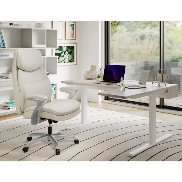 slide 2 of 7, Realspace Everton Ergonomic Vegan Leather High-Back Executive Chair, Beige/Silver, 1 ct