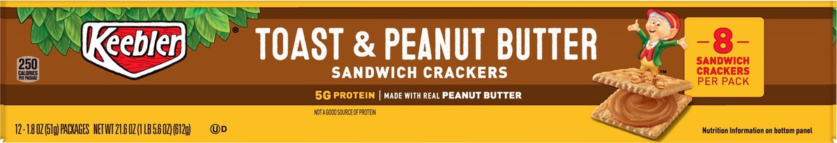 slide 10 of 10, Keebler Sandwich Crackers, Toast and Peanut Butter, 21.6 oz, 12 Count, 21.6 oz