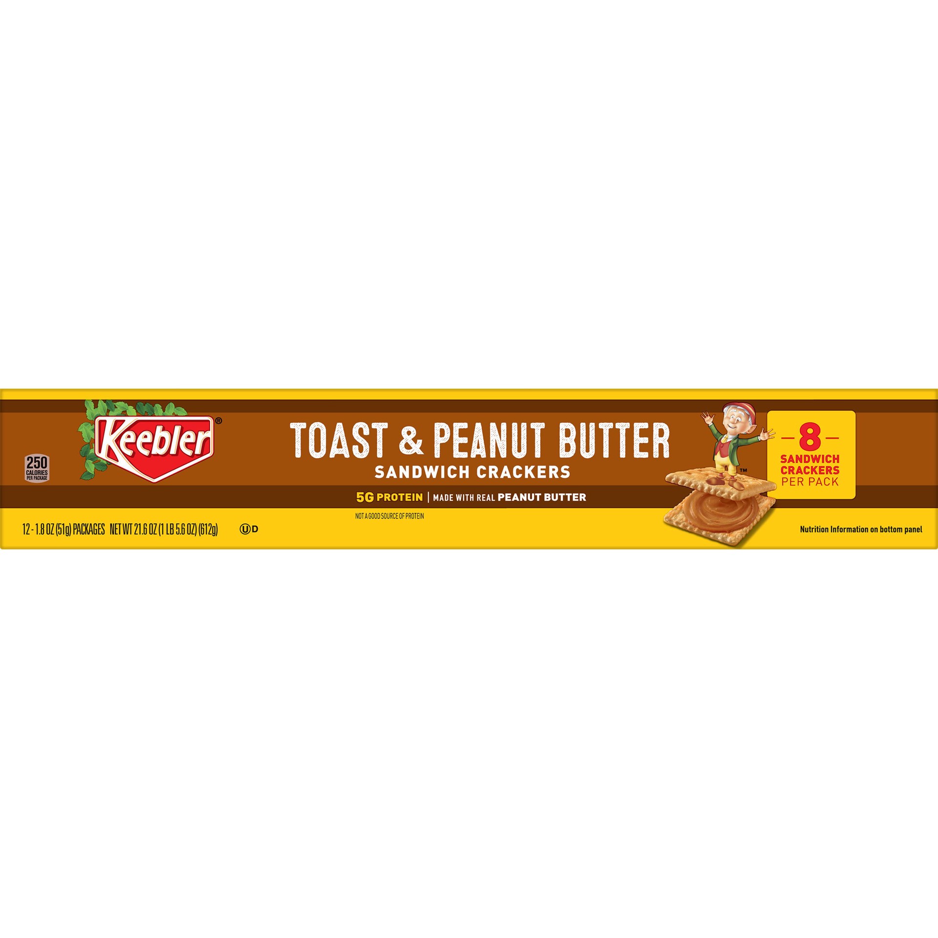 slide 1 of 10, Keebler Sandwich Crackers, Toast and Peanut Butter, 21.6 oz, 12 Count, 21.6 oz