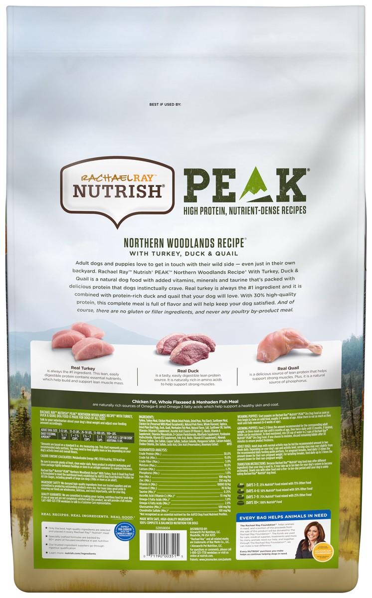 slide 4 of 8, Rachael Ray Nutrish Peak Northern Woodlands Recipe With Turkey, Duck & Quail, Dry Dog Food, 12 lb Bag (Packaging May Vary), 12 lb