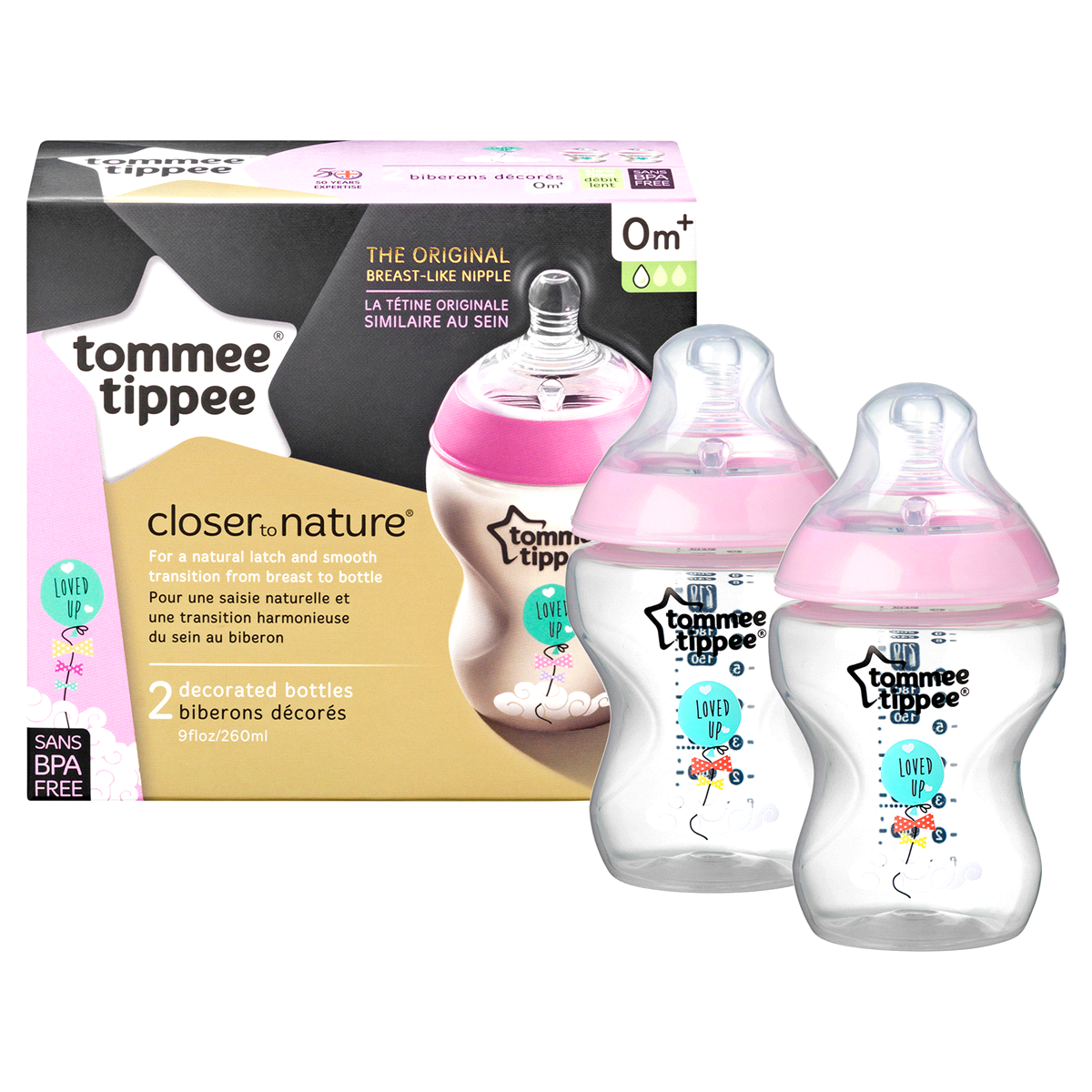 slide 4 of 4, Tommee Tippee Closer to NatureDecorated Feeding Bottles Pink, 9 oz