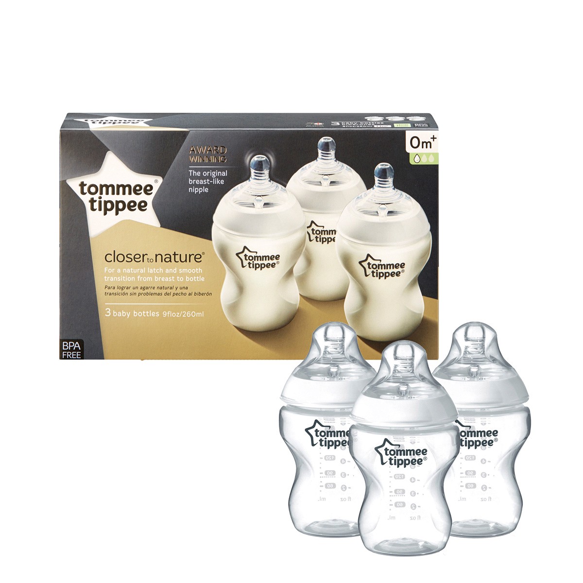 slide 4 of 8, Tommee Tippee Closer to Nature 0 Months+ 9 Ounce Baby Bottles 3 ea, 3 ct