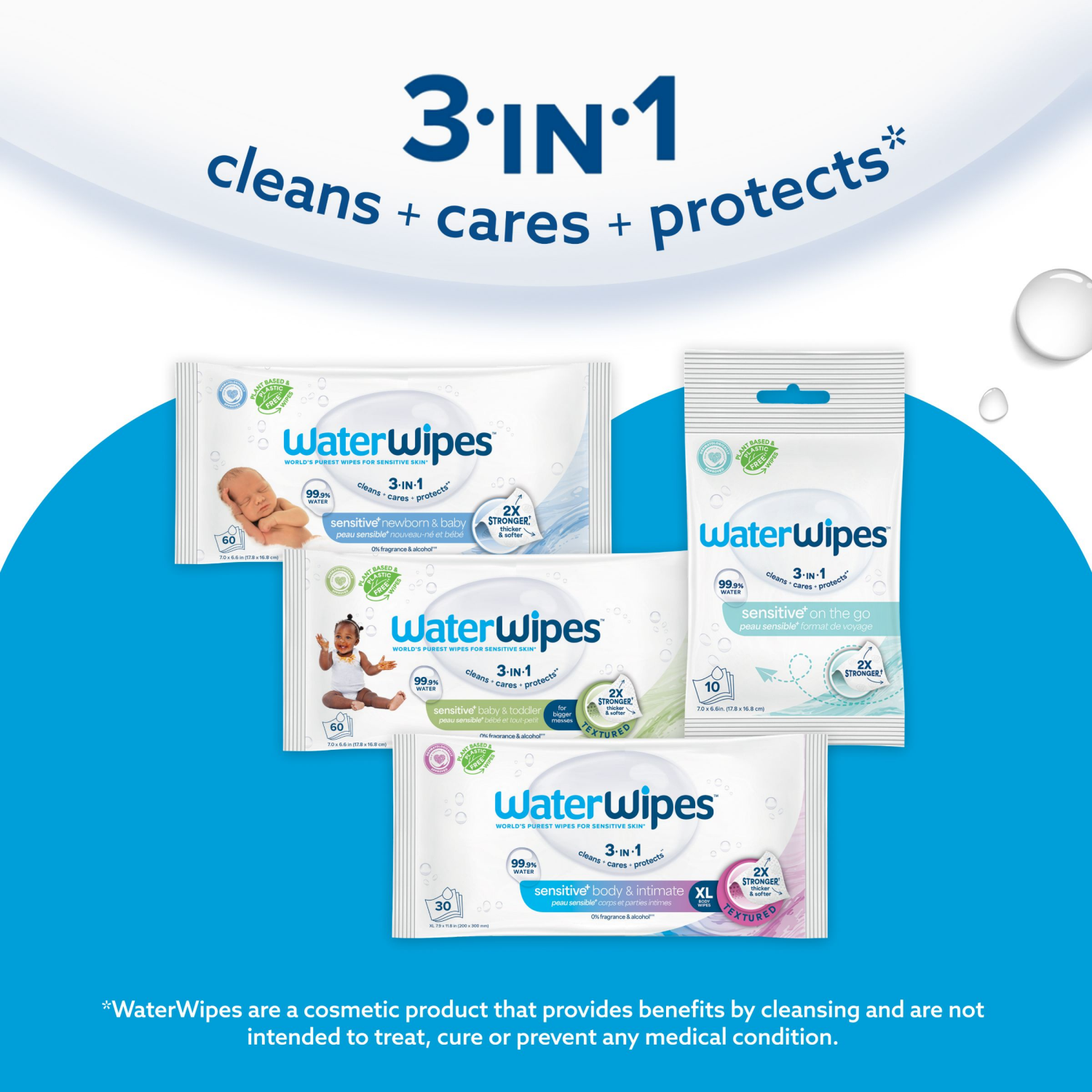 slide 2 of 8, WaterWipes Sensitive+ Newborn & Baby Wipes, 3-In-1 Cleans, Cares, Protects, 99.9% Water, Unscented & Hypoallergenic, 240 Count (4 Packs), 240 ct