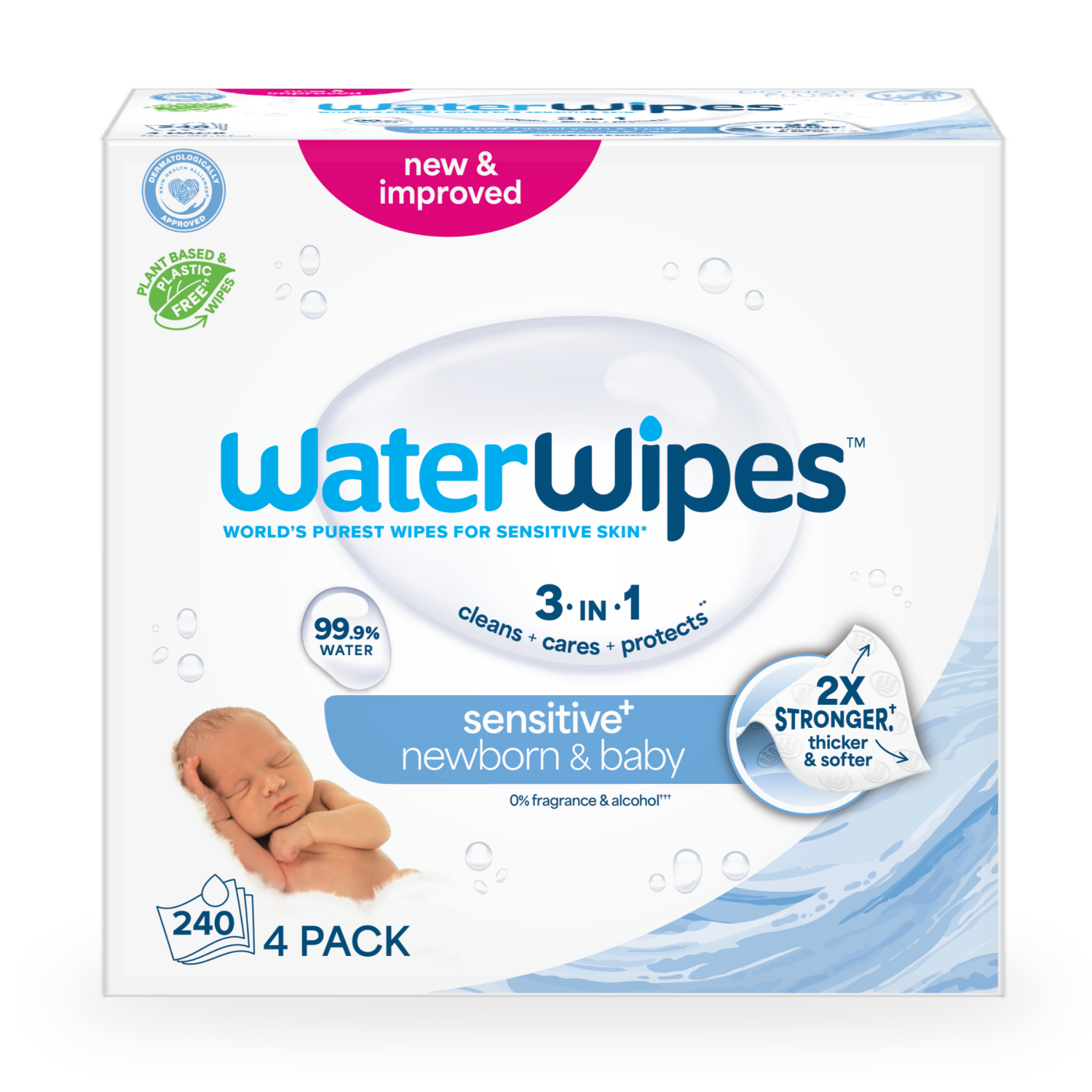 slide 1 of 8, WaterWipes Sensitive+ Newborn & Baby Wipes, 3-In-1 Cleans, Cares, Protects, 99.9% Water, Unscented & Hypoallergenic, 240 Count (4 Packs), 240 ct