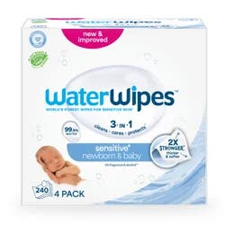 WaterWipes Sensitive+ Newborn & Baby Wipes, 3-In-1 Cleans, Cares, Protects, 99.9% Water, Unscented & Hypoallergenic, 240 Count (4 Packs)