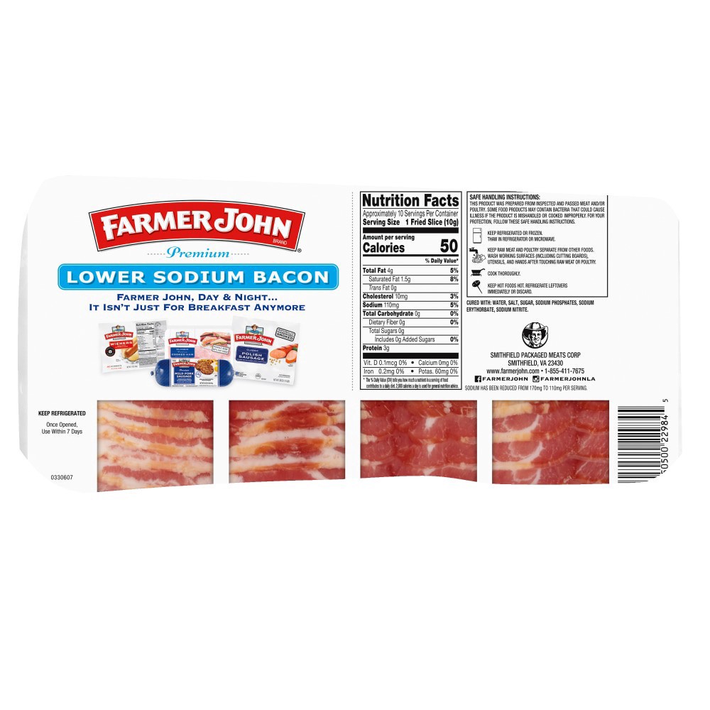 slide 3 of 3, Farmer John Low Sodium Bacon, 12 oz