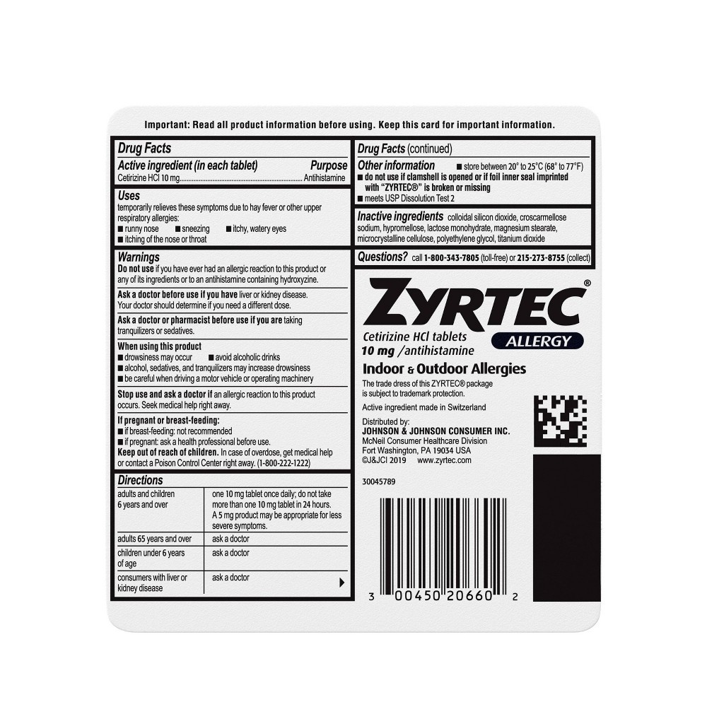 slide 2 of 4, Zyrtec 24 Hour Allergy Relief Tablets, Indoor & Outdoor Allergy Medicine with 10 mg Cetirizine HCl per Antihistamine Tablet, Relief from Runny Nose, Sneezing, Itchy Eyes & More, 60 ct