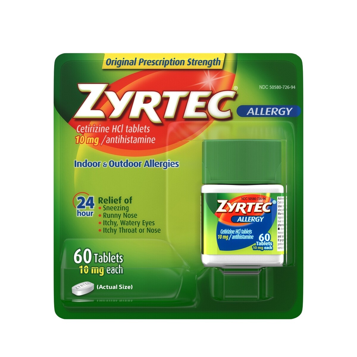 slide 4 of 4, Zyrtec 24 Hour Allergy Relief Tablets, Indoor & Outdoor Allergy Medicine with 10 mg Cetirizine HCl per Antihistamine Tablet, Relief from Runny Nose, Sneezing, Itchy Eyes & More, 60 ct