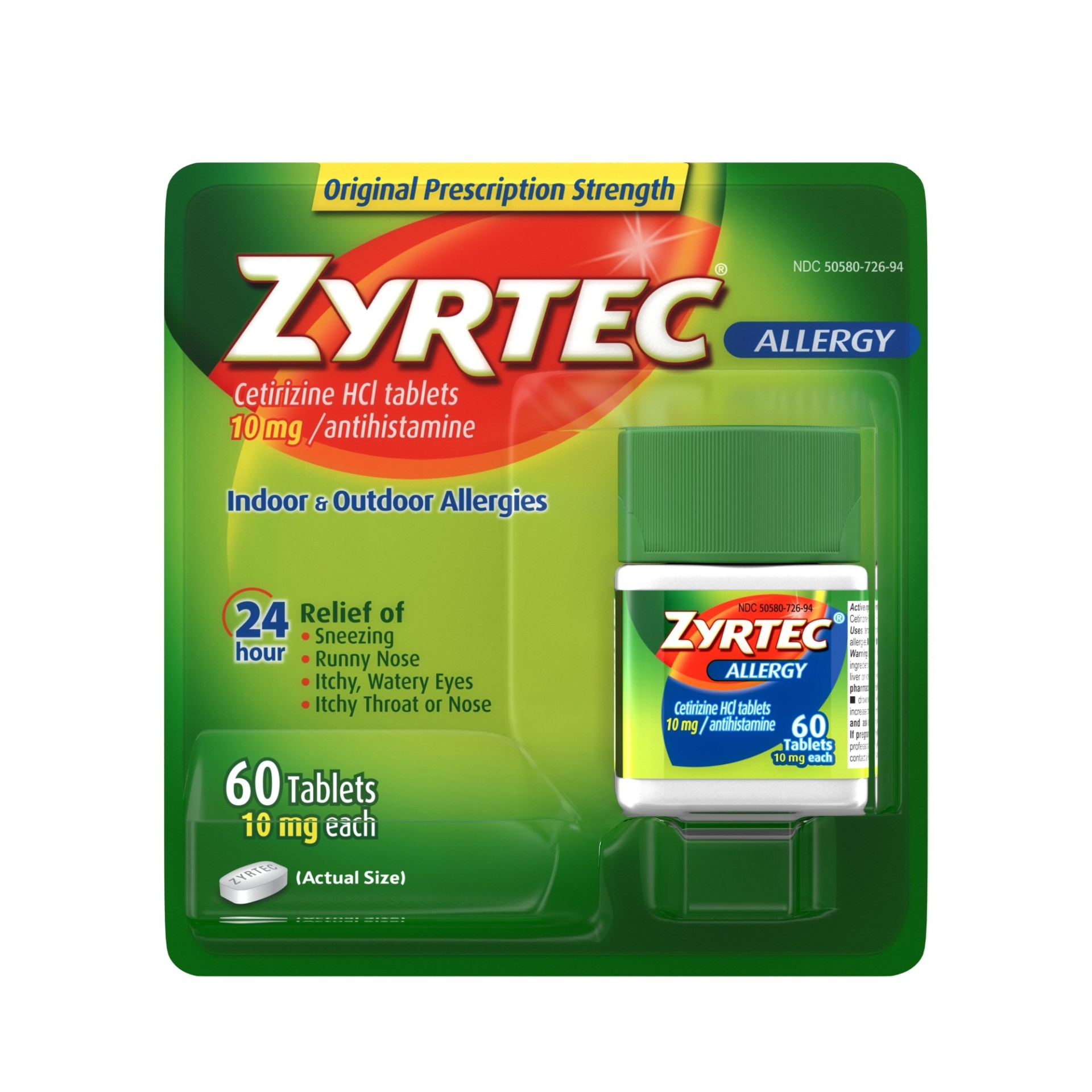 slide 1 of 4, Zyrtec 24 Hour Allergy Relief Tablets, Indoor & Outdoor Allergy Medicine with 10 mg Cetirizine HCl per Antihistamine Tablet, Relief from Runny Nose, Sneezing, Itchy Eyes & More, 60 ct