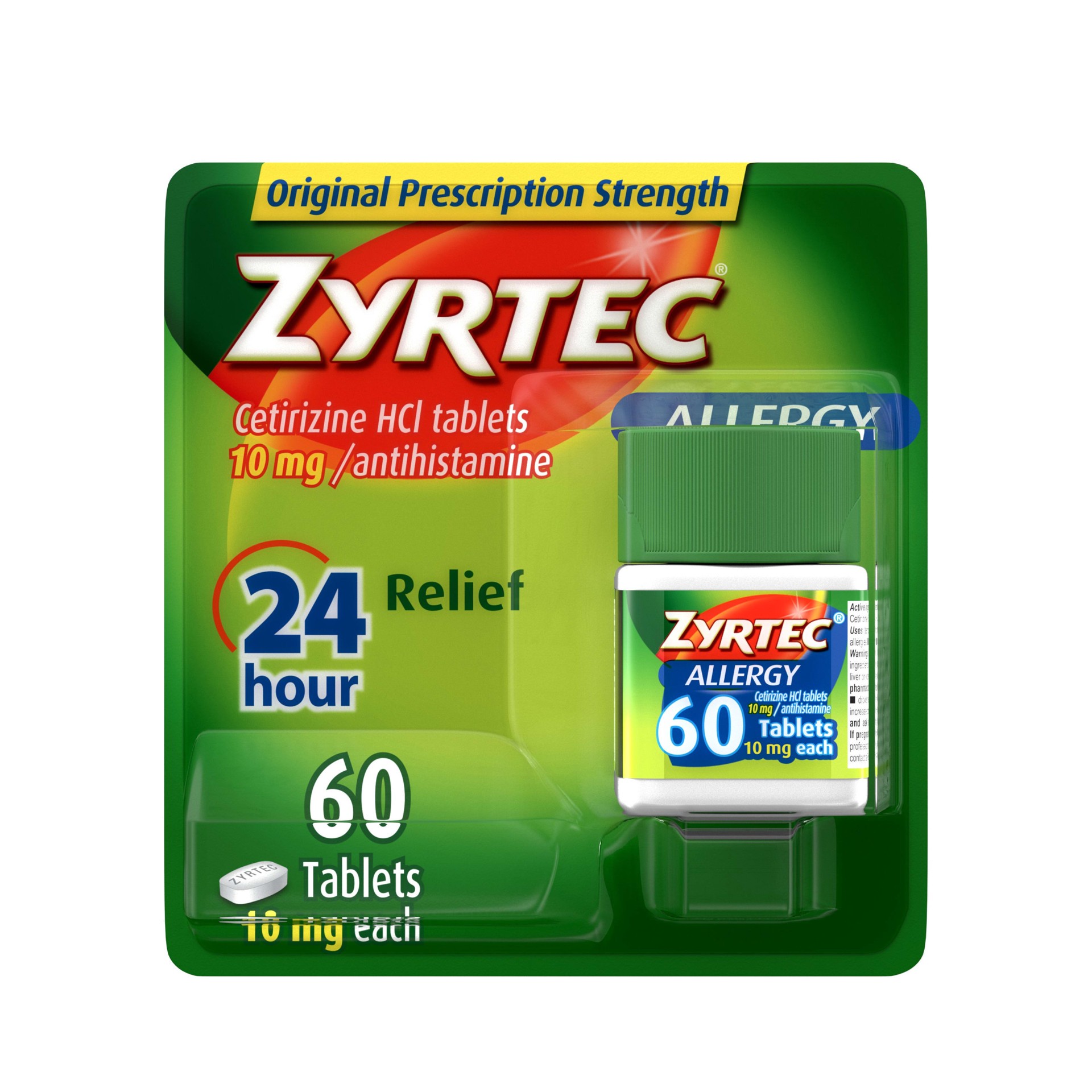 slide 1 of 9, Zyrtec 24 Hour Allergy Relief Tablets, Indoor & Outdoor Allergy Medicine with 10 mg Cetirizine HCl per Antihistamine Tablet, Relief of Allergies, 60 ct, 60 ct