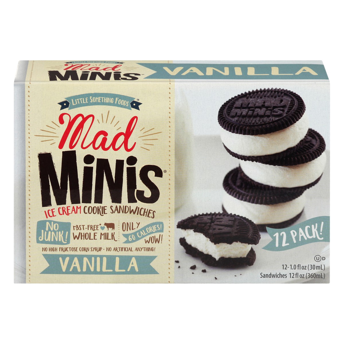 slide 1 of 9, Little Something Foods Mad Minis 12 Pack Vanilla Ice Cream Cookie Sandwiches 12 ea, 12 ct
