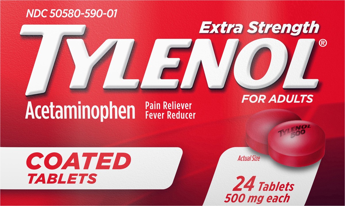 slide 4 of 7, Tylenol Extra Strength Pain Relief Coated Tablets for Adults, 500mg Acetaminophen Pain Reliever and Fever Reducer per Tablet for Minor Aches, Pains, and Headaches, 24 ct, 24 ct