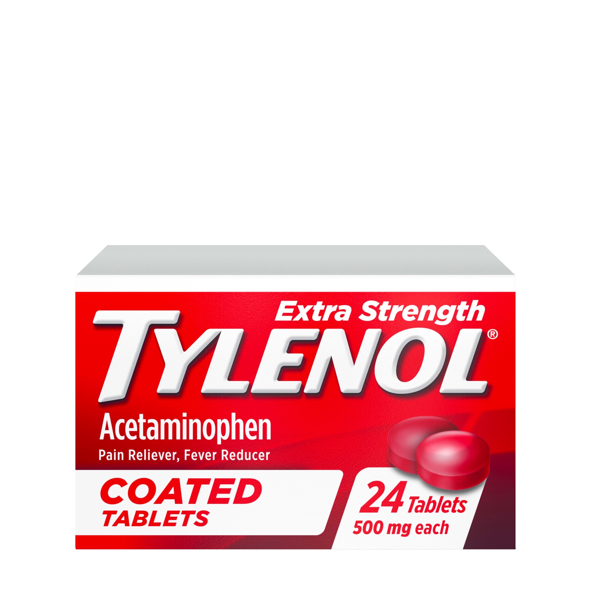 slide 1 of 7, Tylenol Extra Strength Pain Relief Coated Tablets for Adults, 500mg Acetaminophen Pain Reliever and Fever Reducer per Tablet for Minor Aches, Pains, and Headaches, 24 ct, 24 ct
