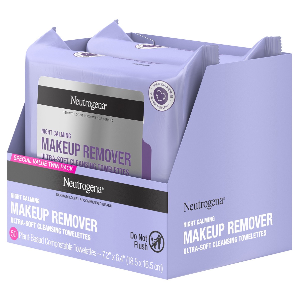 slide 2 of 7, Neutrogena Night Calming Makeup Remover Face Wipes, Nighttime Cleansing Towelettes Remove Sweat, Dirt & Makeup & Calms Skin, Hypoallergenic, 100% Plant Based Cloth, Twin Pack, 2 x 25 ct, 50 ct