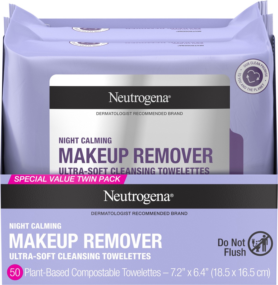 slide 5 of 7, Neutrogena Night Calming Makeup Remover Face Wipes, Nighttime Cleansing Towelettes Remove Sweat, Dirt & Makeup & Calms Skin, Hypoallergenic, 100% Plant Based Cloth, Twin Pack, 2 x 25 ct, 50 ct