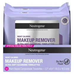 Neutrogena Night Calming Makeup Remover Face Wipes, Nighttime Cleansing Towelettes Remove Sweat, Dirt & Makeup & Calms Skin, Hypoallergenic, 100% Plant Based Cloth, Twin Pack, 2 x 25 ct