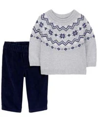 Carter's Baby 2-Piece Fair Isle Sweater & Corduroy Pant Set Grey/Navy 9M