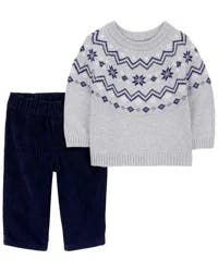 Carter's Baby 2-Piece Fair Isle Sweater & Corduroy Pant Set Grey/Navy 9M
