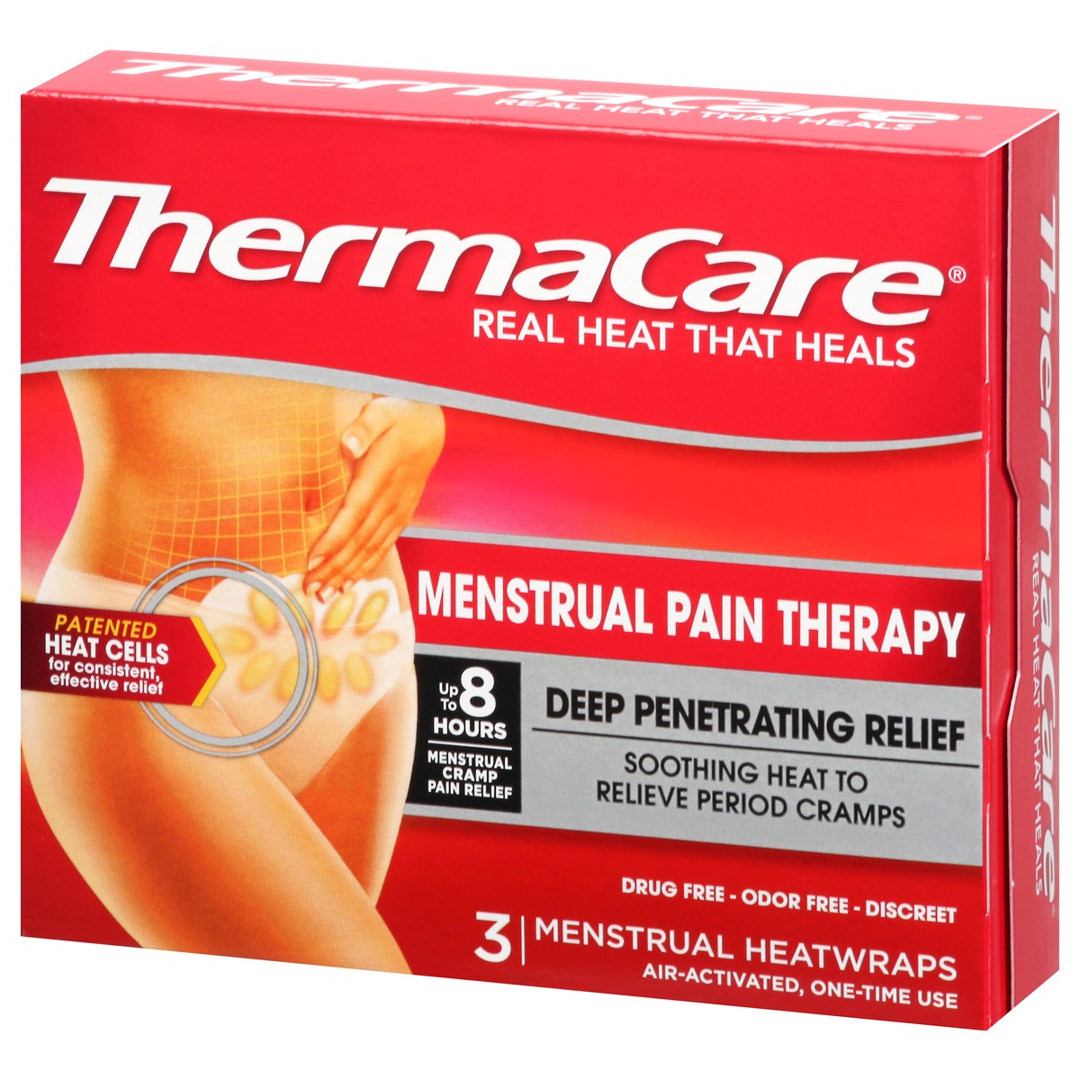 slide 3 of 9, ThermaCare Menstrual Pain Therapy Menstrual Cramps Pain Relief Heat Wraps, 3 Ct, 3 ct