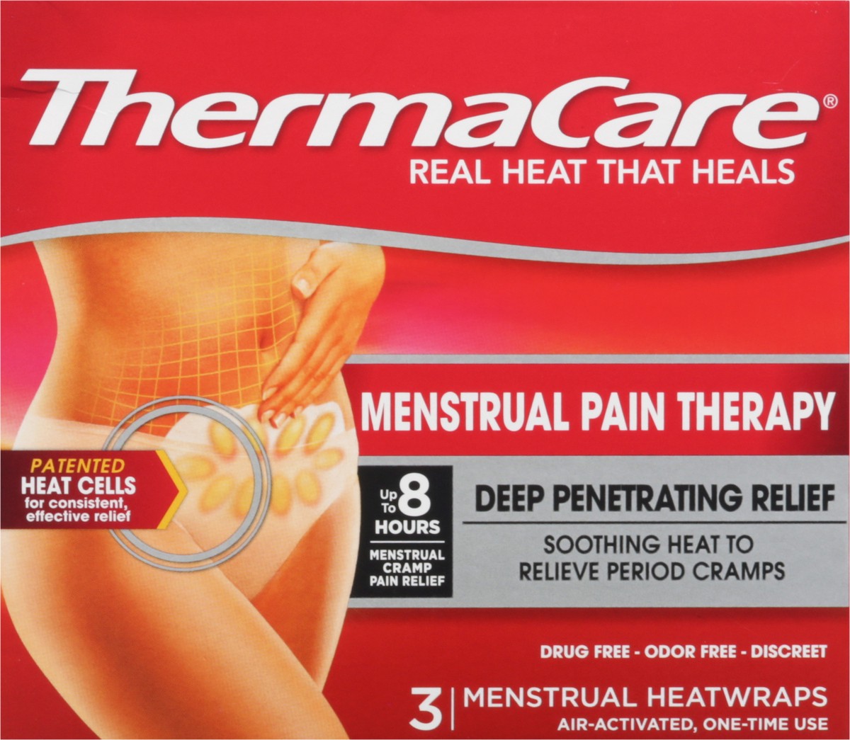slide 6 of 9, ThermaCare Menstrual Pain Therapy Menstrual Cramps Pain Relief Heat Wraps, 3 Ct, 3 ct