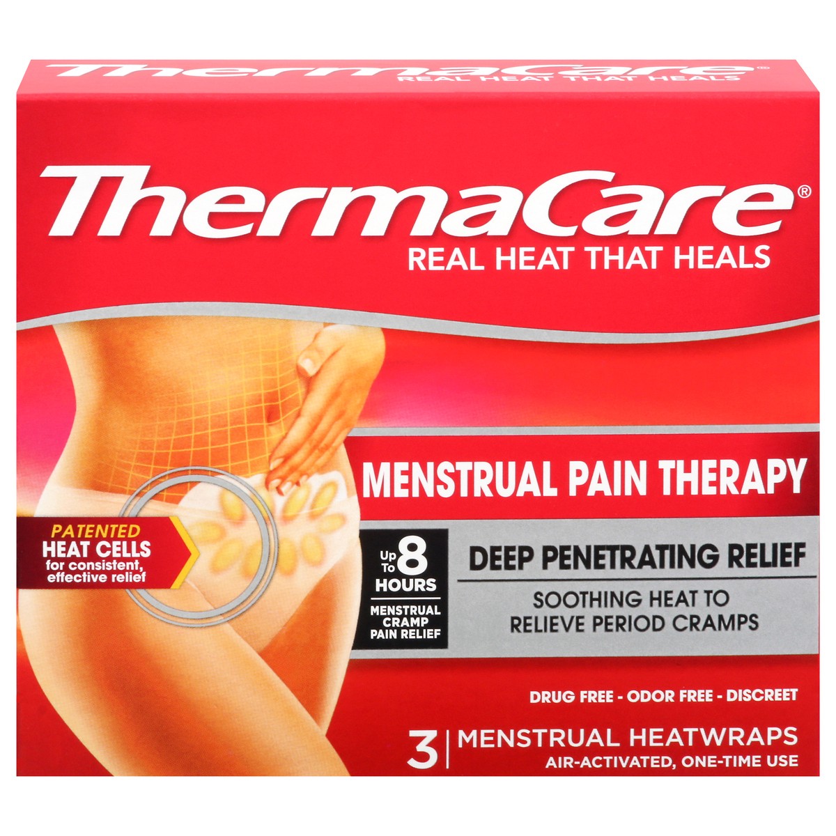 slide 1 of 9, ThermaCare Menstrual Pain Therapy Menstrual Cramps Pain Relief Heat Wraps, 3 Ct, 3 ct