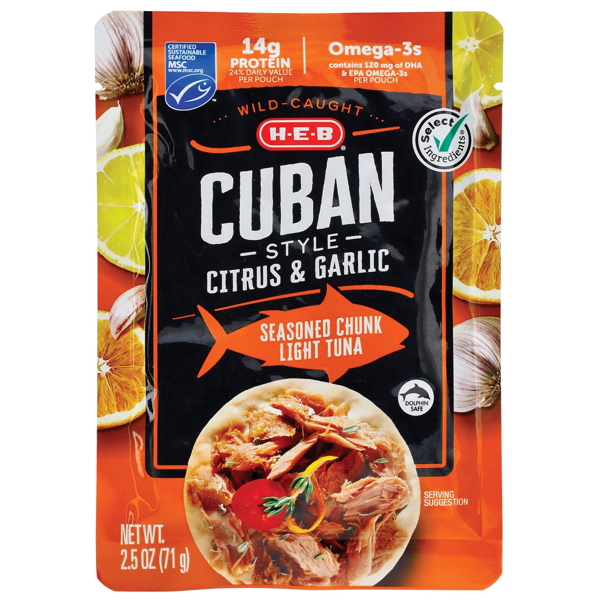 slide 1 of 1, H-E-B Select Ingredients Cuban Style Citrus & Garlic Chunk Light Tuna Pouch, 2.5 oz